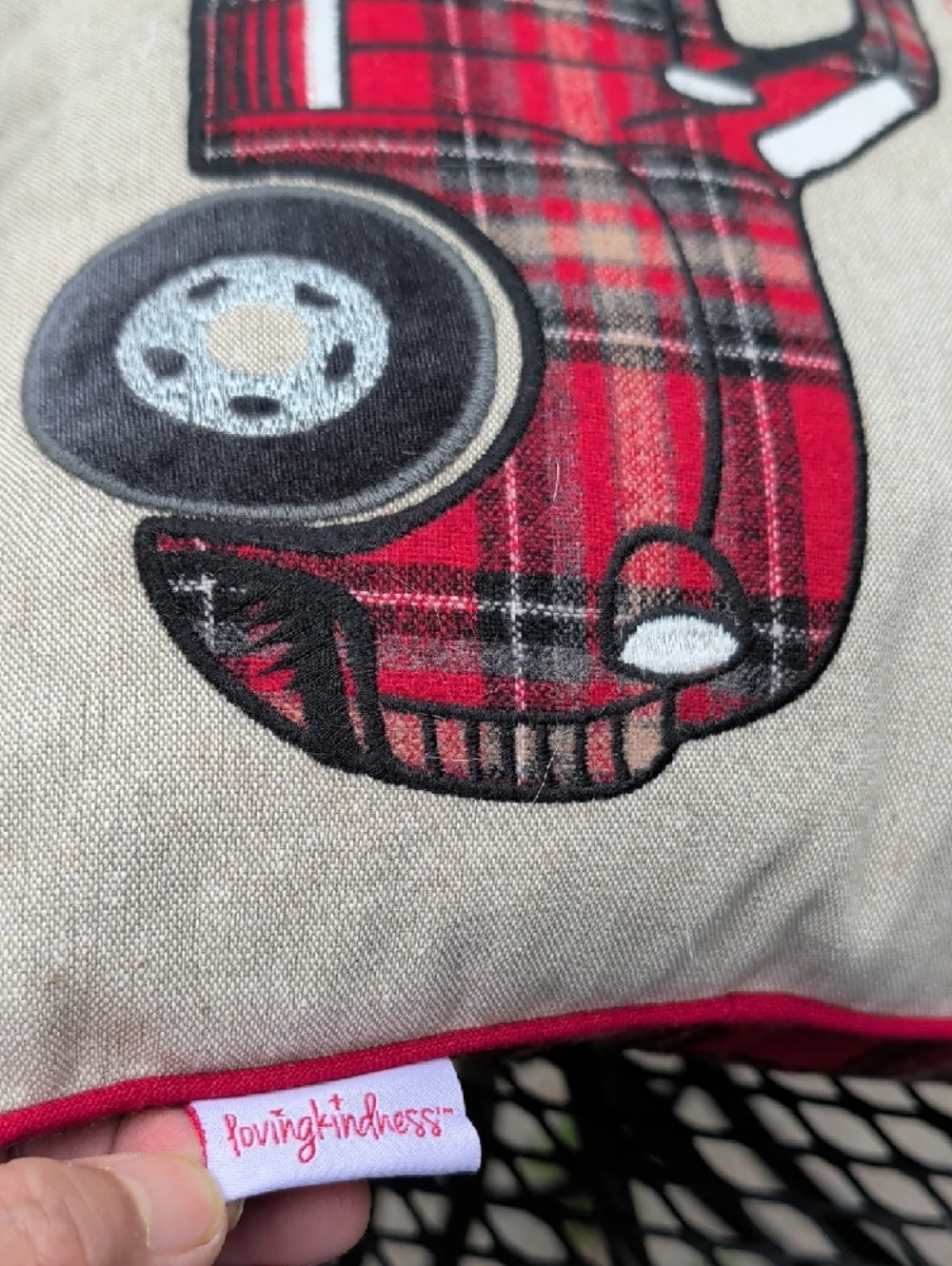 Red Plaid Truck W/ Christmas Tree Holiday Throw Pillow Merry Christmas Embossed